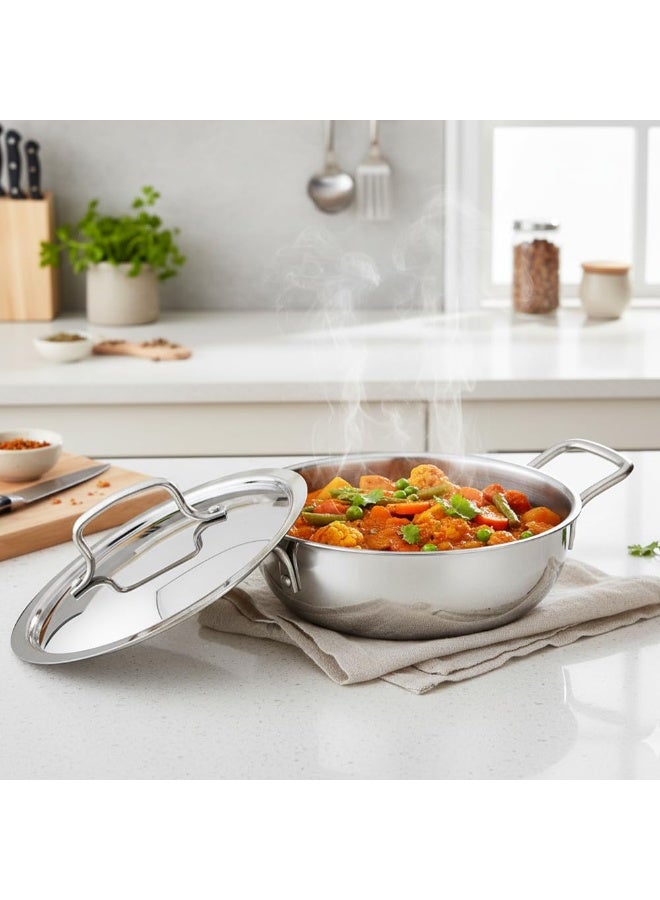 Kraft قدر كرافت فيوتيرتيك ثلاثي الفولاذ المقاوم للصدأ مع غطاء سعة 3.3 لتر (24 سم)، سمك 2.5 مم، قدر عميق إضافي | للعائلات الكبيرة والطهي الاحتفالي | توزيع حراري متساوي - Image 2